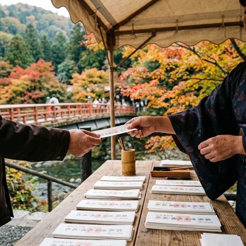 STEP1：高雄橋付近の受付で謎解きキットのお札を受け取る様子