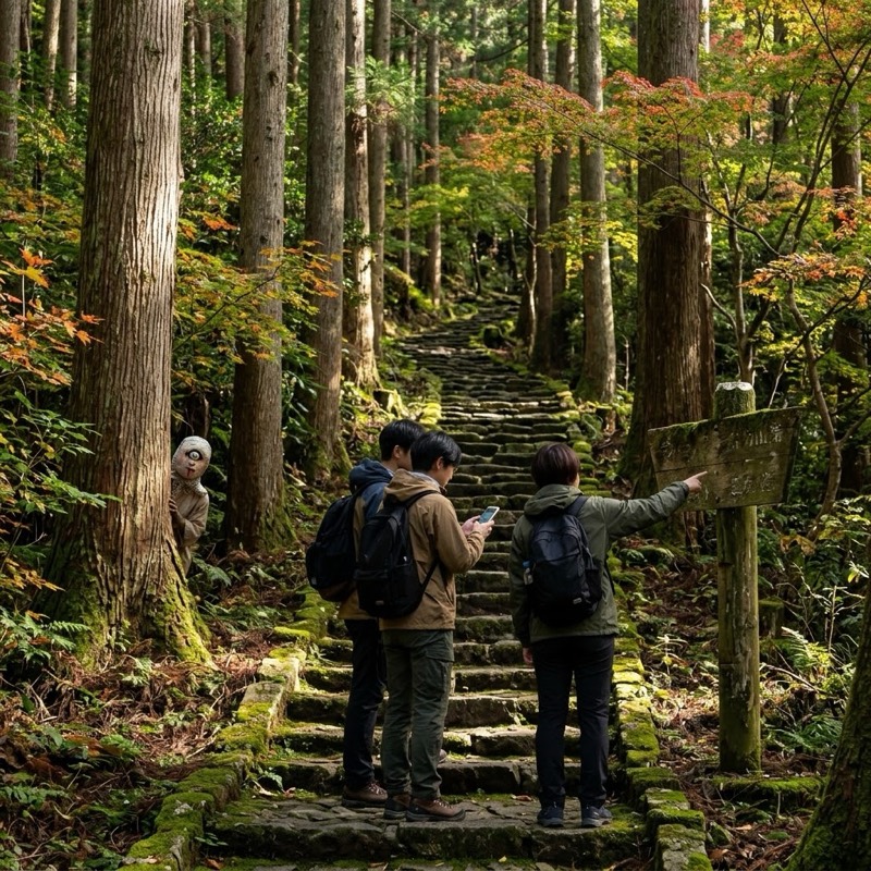 STEP3：高雄の山道で謎を解くグループと、木の陰からのぞく妖怪