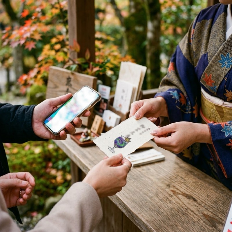 STEP4：受付でクリア画面を見せ、妖怪茶屋のドリンク券を受け取る様子